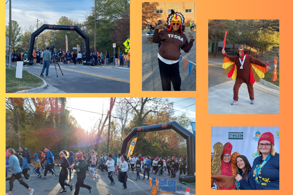 A collage of images from TROSA's annual Turkey Trot event. People are running in the 5K race and participants and volunteers are dressed up in Thanksgiving outfits.