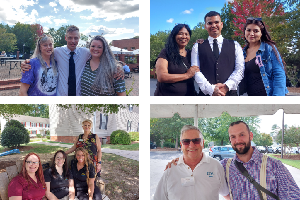 There are four photos in a collage. Two photos are of families smiling on TROSA's campus. Two other photos are TROSA staff and residents smiling on campus.