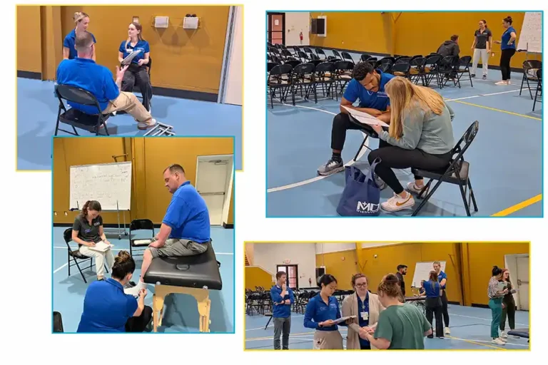 A collage of photos from Students at Duke University attending to people in physical therapy. People are bending over and performing exercises and making assessments with clipboards
