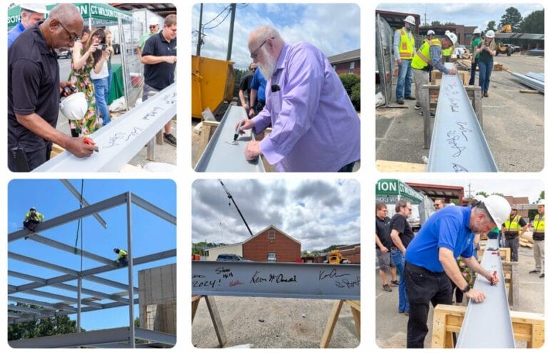 A collage of six images showing TROSA staff members signing a steel beam outside