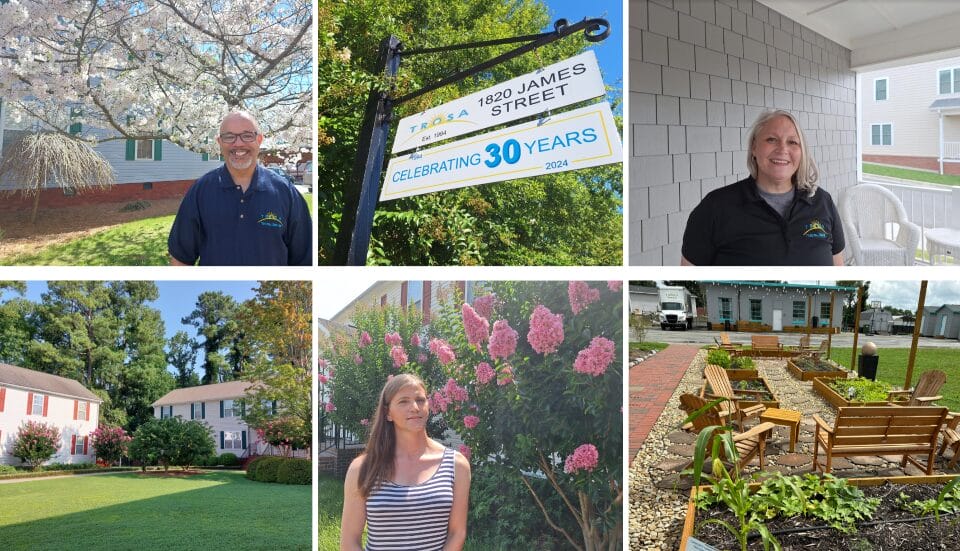 A collage of six photos showing TROSA graduates and outdoor photos of TROSA campus, which include green lawns, gardens, and pink flowering trees