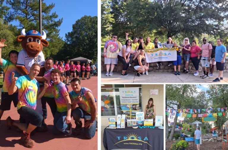 Collage of photos showing TROSA at various community events. There are photos of groups of people smiling outdoors.