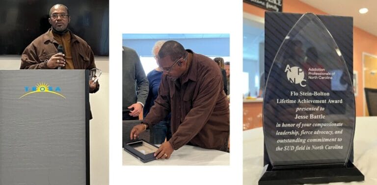 A collage of three photographs. One is of a man at a podium holding a glass award; the center photo is of the man looking at a glass award in a presentation box; and the last photo is the glass trophy itself.